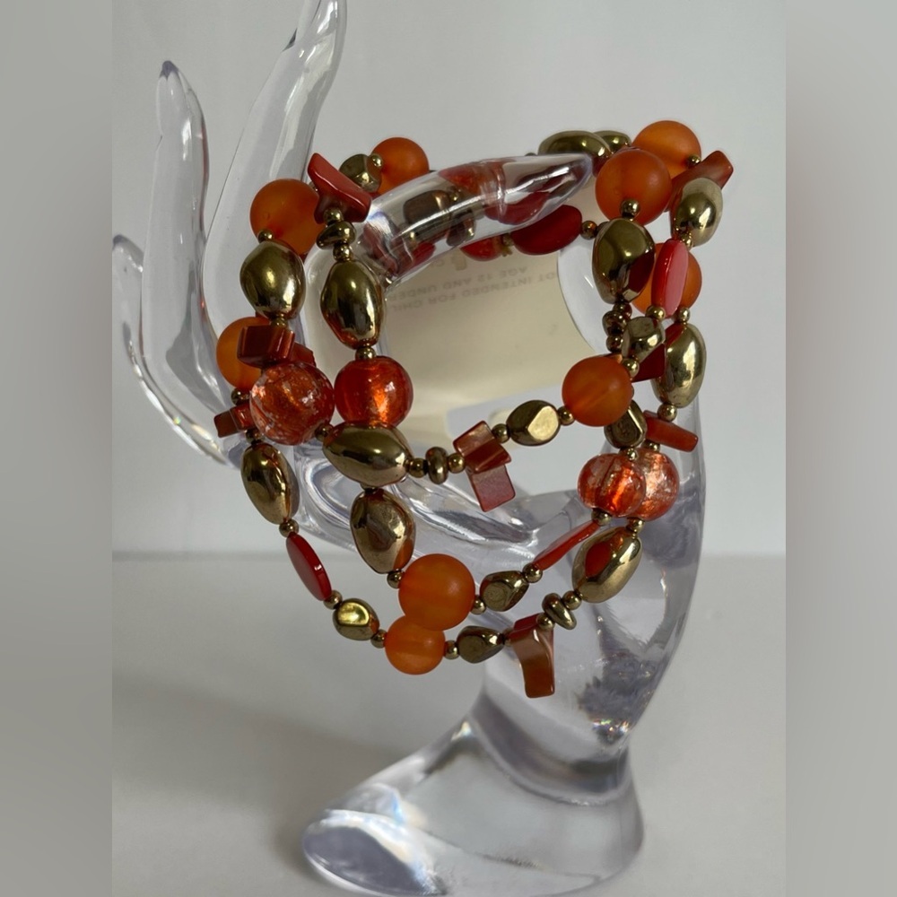 NWT Elegant 3 Strand Orange and Gold Beaded Bracelet